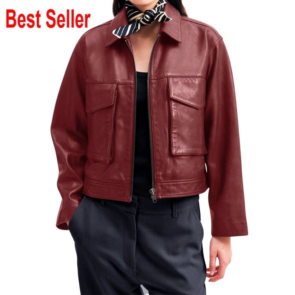 Faux Leather Motorcycle Bomber Jacket Cropped Zip Pockets Trendy Outerwear